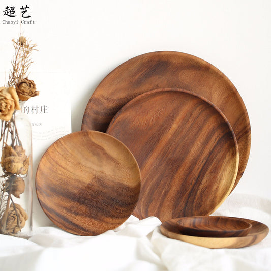 A Variety Of Acacia Solid Wood Round Plates, Unpainted Dried Fruit Wood Plates